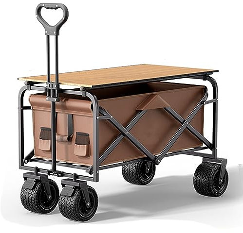 WRJAHCG Bollerwagen Faltbar,Braun Garten Handwagen Faltbar Transportwagen Mit Seitentasche Verstellbarem Griff Und Faltbrett Offroad-Bremsrad Tragfähigkeit 200 Kg Kapazität 150L
