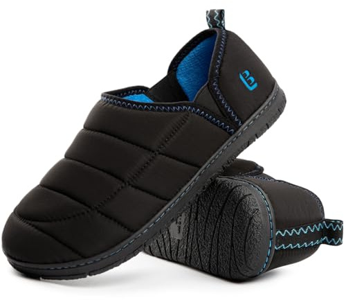 LongBay Men's Outdoor Slippers Two Tone Warm Memory Foam Slip On Indoor House Shoes bedroom Loafers Black, 13