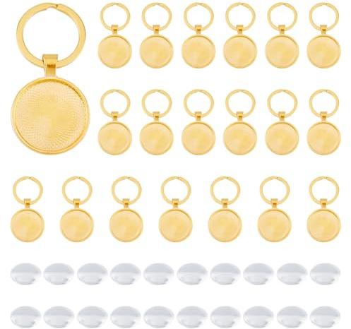 DICOSMETIC 20 Sets Blanko Cabochon Schlüsselanhänger Goldene Legierung Anhänger Cabochon Fassungen Glas Cabochons DIY Blanko Kuppel Schlüsselanhänger Herstellungsset Für Fotoharz
