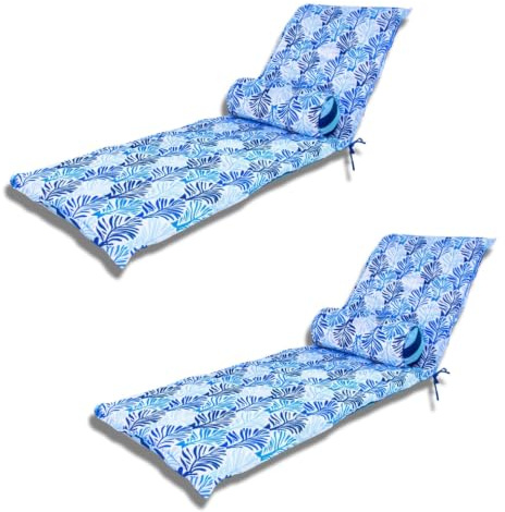 deco arts Lot de 2 Coussins pour Chaise Longue & Transat 195/60cm + 2 Traversin - AntiUV et Imperméable - Motif Feuillage Bleu