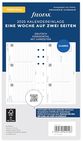 Filofax Personal 1 Woche auf 2 Seiten. horiz.(deutsch)2025