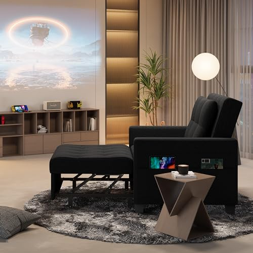 Yaheetech Schlafsessel mit Bettfunktion 3-in-1 Ausziehbares Schlafsofa Umwandelbarer Stuhl Bett Verstellbarer Einzelsessel mit Seitentasche, Liegefläche 190 x 71,5 cm, für kleinen Raum, Schwarz