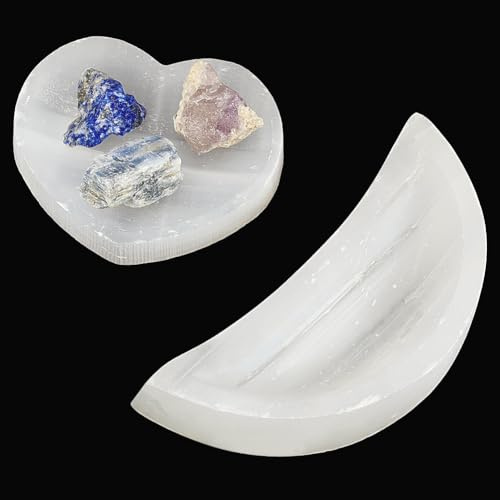 FINGERINSPIRE - Cuenco de cristal de selenita (7,2 cm, cuenco de selenita de luna, cuenco de selenita en forma de corazón, 6,3 cm, cuenco de mancha de selenita puro, soporte de cristales de selenita