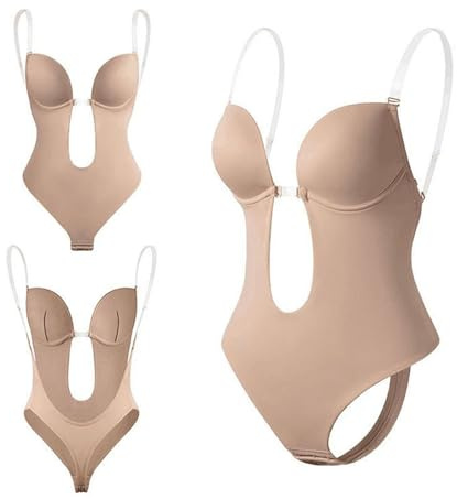 GWAWG Femme Plunge Backless Body Shaper Bra, Femme sous-vêtements Body Bretelles Col V Profond, Body Dos Nu Invisible Mariage (couleurs de peau, XL)