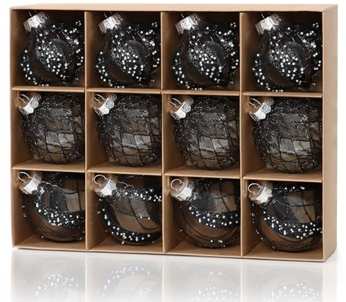 DEMIUKO Schwarz Weihnachtskugeln 8CM Groß Christbaumkugel Glitzer, 12 Stück | Weihnachtsdeko, Christbaumschmuck, Bruchsicher Kunststoff Baumkugeln, Weihnachten Ornament, Weihnachtsbaum Deko, Geschenk Set