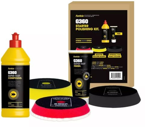 Farecla G360 STARTER SET KT3036 - Aluminiumoxid Schleif- und Polierpaste-Set mit rotem High Cut Pad und Flexiblem Polierschwamm für Metall