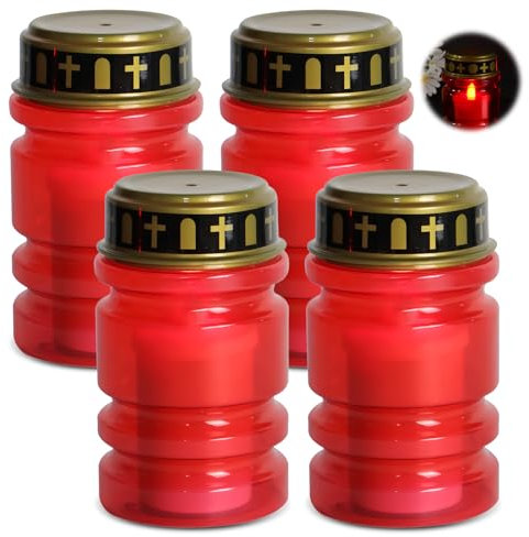 Candela funeraria a LED rossa tremolante: 4 luci a LED per esterni, colore rosso, IP44, impermeabile, per esterni, senza fiamma, funzionamento a batteria, candela per cimitero, lanterna per tomba