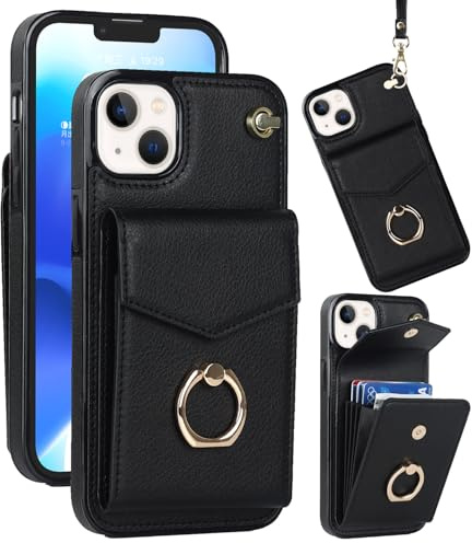 Knoowcase for iPhone 14 Case Shockproof Wallet with Card Holder Slots Ring Wrist Strap PU Leather Shell RFID Blocking Kickstand Magnet Full Protective Cover for iPhone 14, Black