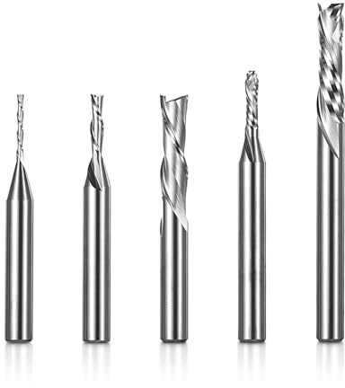 Genmitsu 5-delat skaftfräs-set för CNC-fräsar med nedskärning och kompressionsskärning, 1/4-tumskaft, CNC-fräs av volframstål för fräsmaskin med 2-skärigt fräs-set, DSBC05