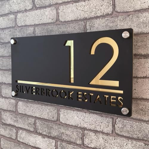 Personalisiertes Hausnummernschild aus Acryl, 3D, schwebende Zahlen, zweifarbig (schwarz und gold), für den Innen- und Außenbereich, ideal für Zuhause, Hotels, Wohnungen und Geschäfte