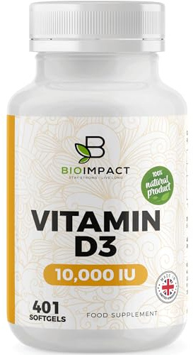 BIOIMPACT Vitamin D3 10,000 IU Softgels | High Strength | 401 Easy to Swallow Softgels | More Than Full Year Supply | Supports Immune System & Bone Health | Non-GMO & Gluten-Free | UK Manufactured