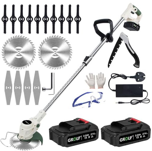 Cordless Grass Strimmer with Metal Blade 2.0Ah Battery and Fast Charger，Powerful Electric Garden Grass Trimmer Rechargeable Lightweight Yard Brush Cutter,Suitable for Gardens, Villas, Lawns