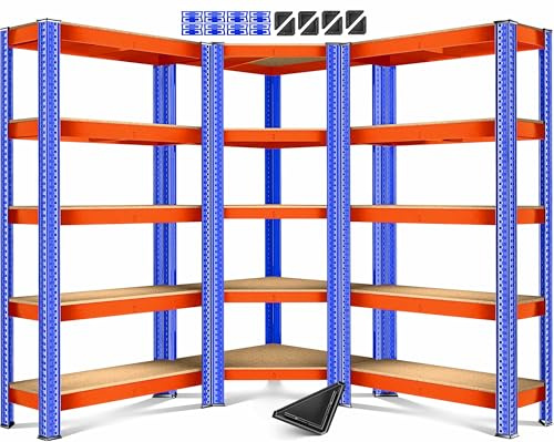 MASKO® Set di 3 scaffali in metallo, 1 scaffale angolare e 2 scaffali, 15 ripiani, pannelli in MDF, 2625 kg, per officina, cantina, garage, carichi pesanti, colore arancione