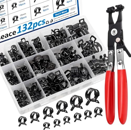 smseace 132Pcs 6-25mm Spring Hose Clamps With Hose Clamp Plier 16-sizes Constant Tension Hose Clamp used for Fuel Line，Vacuum Hose，Air Hose Spring Band Hose Clamp Kit