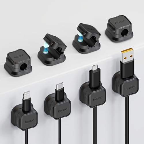 8 Pack Magnetic Cable Clip Organizer Cord Holder, Picozon Adhesive Cable Management, Wire Phone USB Charger Cable Holder Keeper Organizer for Car, Office Home Desktop, Wall, Night Table - Black