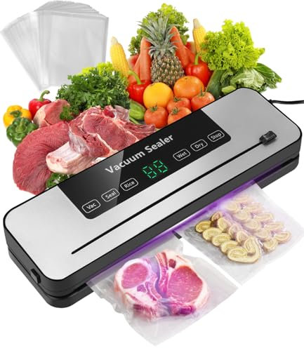 Cexovo 5 en 1 Envasadora al Vacío Maquina Vacio Alimentos Sellador al Vacio de Alimentos con Cuchillo de Corte,Incluyendo 40 Bolsas,Modos de Alimentos Seco y Húmedos,para La Conservación de Alimentos