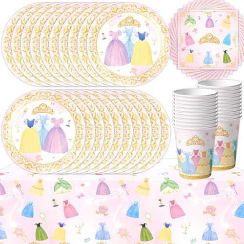 61Pcs Princess Party Tableware Set, Kids Birthday Decorations Supplies, Baby Shower Party Decorations, Girls Tableware Includes Plates Cups Napkins Tablecloths (20 Guests)