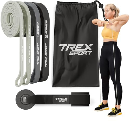 TREX SPORT Widerstandsbänder 4er Set Latex Fitnessbänder 2-41 kg & Türanker | Gymnastikband, Resistance Band Grau, robust, Grau / Neon