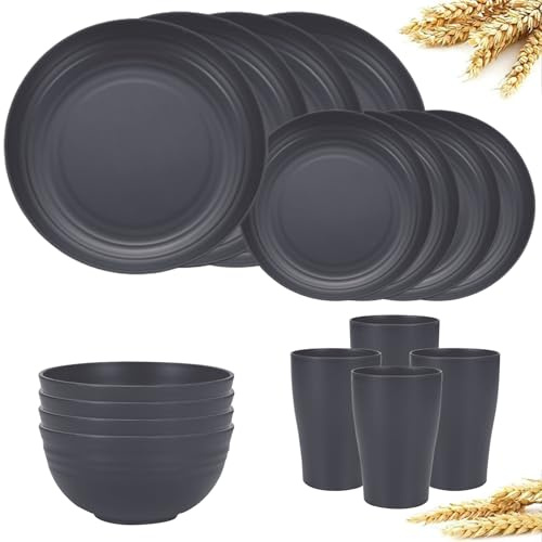 FENGZIZH 16 Pieces Plastic Dinnerware Set, Unbreakable Plates and Bowls Set - Microwave & Dishwasher Safe, Reusable Tableware for Camping, Picnics, and Everyday Use (Dark Grey)