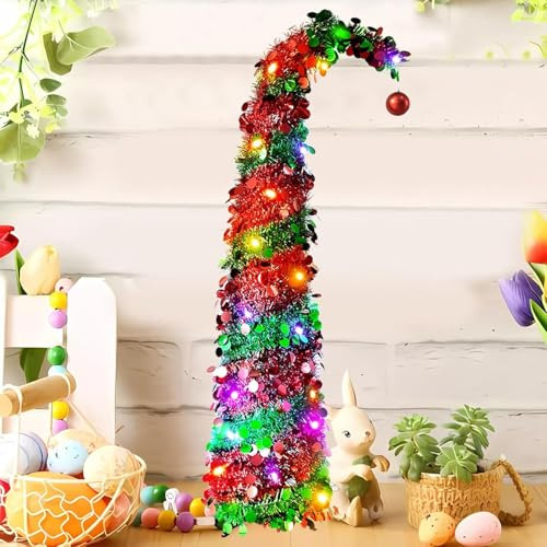 Domigard albero di natale pieghevole,150cm albero di natale pop-up con 50 Luci,palline di Natale e punta a stella,Apri da Solo, Base in Metallo, Christmas Tree, per Casa e Negozio(rosso)