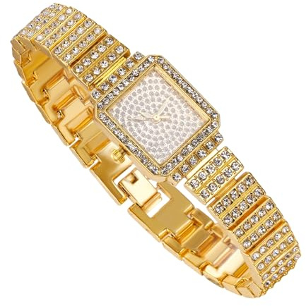 richhut Montre Diamant Iced Out pour Femmes Cadran Rectangulaire 27MM de Large Bracelet 20cm Plaqué Or 18K, Cadeau pour Petite Amie Épouse Sœur