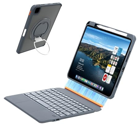 Synchro Bands Funda con teclado giratorio de 360° para iPad Pro de 11 pulgadas (1ª-4ª generación), iPad Air de 11 pulgadas (M2 2024/M3 2025), iPad Air de 11.9 pulgadas (4ª/5ª generación) (gris, iPad