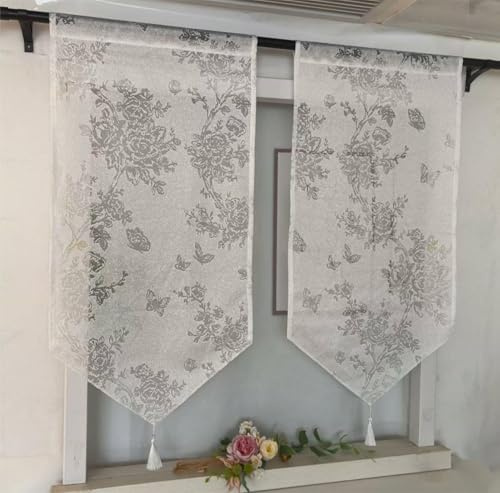 Vordesack Jacquard Panneaux mit Quaste Scheibengardine mit zarten Schmetterlingmuster Lochstickerei Kurzstore Unifarbige Bistrogardinen Weiß 2 Stück HxB 60x45cm