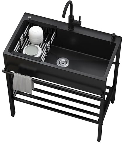 Lavello Cucina con Mobile,Lavandino da Esterno con Rubinetto,Lavabo Lavanderia in Acciaio Inox Professionale 1 Vasca,Lavatoio Nero Multifunzione,Lavelli Bagno Autoportante,per Interno(80x45x86cm)
