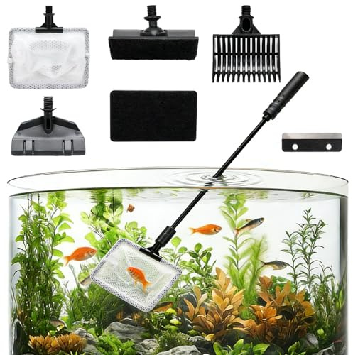 Akvarium rengöringsverktyg 5-i-1 – Rengöringsset för akvarier med platt borste vinkelborste algskrapa grusräka fisknät, akvarierengöring för söt- och havsvattenbassäng, teleskopstav