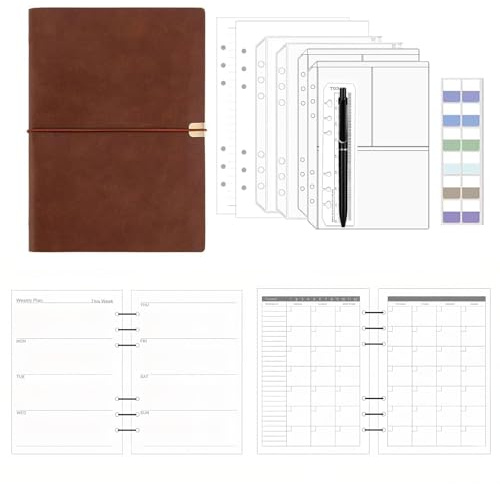 FLORAE Ringbuch A5 Nachfüllbar - 100 Blätter Liniert, Notizbuch Mit Bindertaschen, Wochenplaner & Monatsplaner für Büro, Schule & Reisen