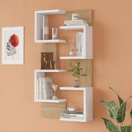 [en.casa] Set 2 Scaffali da Parete Mensole Moderne Libreria a Muro con Ripiani Asimmetrici per Soggiorno Camera Ufficio 93 x 24 x 15 cm Bianco/Effetto Legno