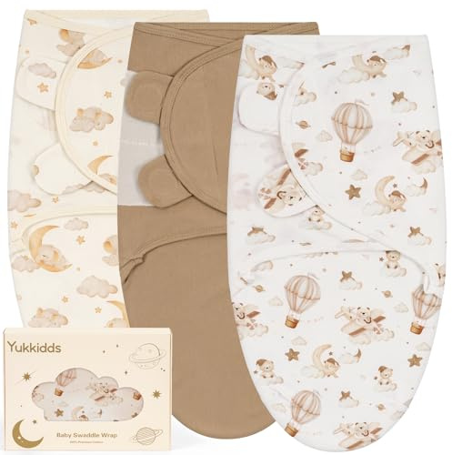 Yukkidds Pucksack Baby 0-3 Monate 100% Baumwolle Pucktuch Baby Swaddle Weiches Atmungsaktives Puck Schlafsack für Neugeborene Junge Mädchen 3er Pack Brauner Ballon