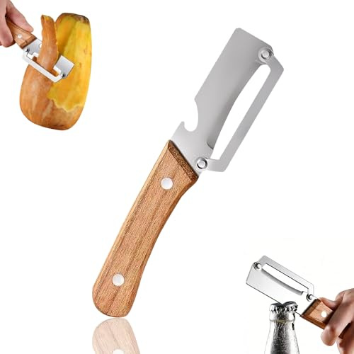 FUFRE Pelador de patatas de acero inoxidable, pelador de verduras, juego de 2 piezas, pelador gigante con mango de madera y abrebotellas, hoja ancha para pelar patatas, pepinos y más (A)