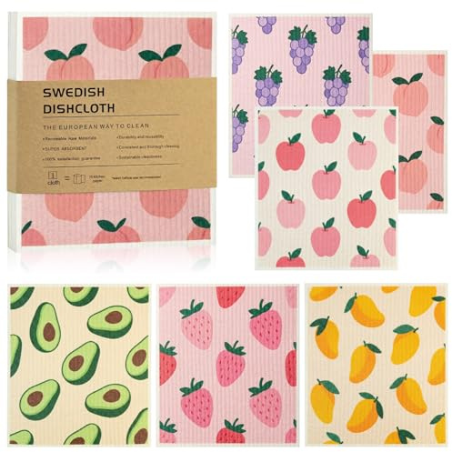 Swedish Dishcloth Set of 6 - Absorbent Friendly Reusable Cellulose Swedish Dish Cloths for Cleaning Pots and Bowls, Biodegradable Kitchen Rags, Eco-Friendly Cellulose Sponge Dish Cloth (Fruit)