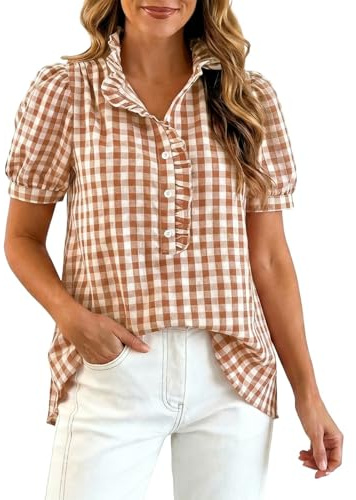 Kluantou Camisa a cuadros para mujer, manga corta, blusa con cuello en V, blusa básica, blusa, blusa, blusa, blusa, blusa con botones, para el tiempo libre, túnica, camiseta interior, verano, blusa