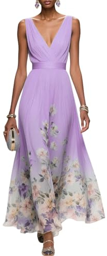 Robe Maxi Femme Imprimé Floral pour Mariage Invitée - Robe de Soirée Longue Col en V Taille Empire - Robes de Plage Bohème sans Manches Chic et Elegant Été