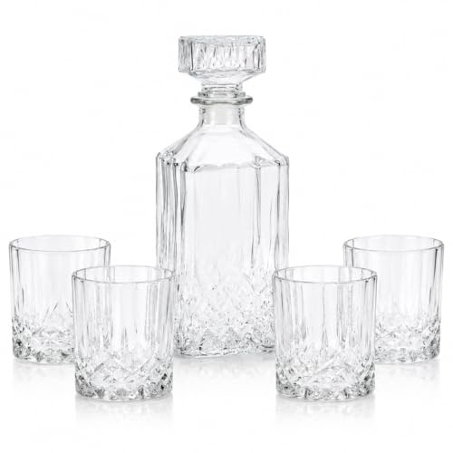 Whiskykaraff i 5 delar – 900 ml skuren glaskanna med lock + 4 gammaldags glas 230 ml – kristalleffektdesign – perfekt för Whisky, Bourbon, Scotch och Rum