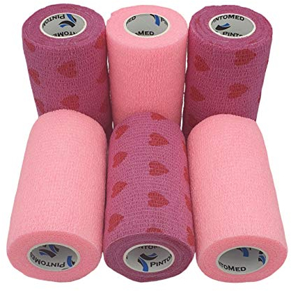 PintoMed - Venda Cohesiva - 3 x ROSA + 3 x LOVE - 6 rollos x 10 cm x 4,5 m estirado - Vendaje autoadhesiva elástica y flexible, Cinta adhesiva, Vet Wrap, Tape, Primeros auxílios y lesiones