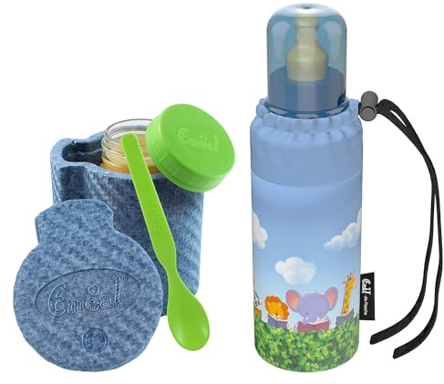 Emil Baby-Set – Thermo-Essglas mit Schraubverschluss, Thermobecher & Löffel – Babyflasche aus Glas, BPA-frei & schadstofffrei inkl. Latexsauger (0-6 Monate) & Anti-Kolik-Ventil - Lesefreunde