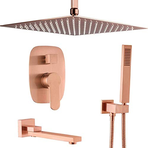 Lopus Shower System, Bathroom Brass Rose Gold Ceiling Mounted 10-12 Inch Rainfall Shower Faucet System Mixer Set with Handheld Shower and Tub Taps, Luxury Shower Set,12 inch