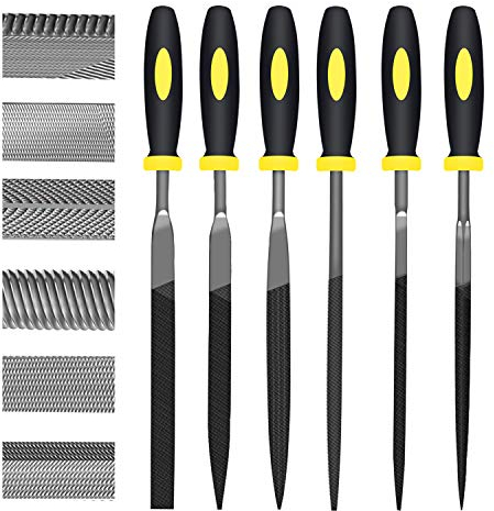 KALIM 6Pcs File Set, 6.3in Needle Files, 4mm Diameter Carbon Steel File Kit with Handle, Suitable for Metal, Wood, Glass, Plastic, Leather, Jewelry