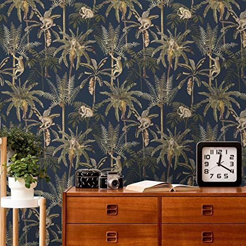 World of Wallpaper Amazonia Monkey Trees Jungle, Navy Blue/Multi (WOW038) | Easy to apply wallcovering, Tropical, Matte, Feature Wall, Hand-painted (10.05m x 53cm roll)