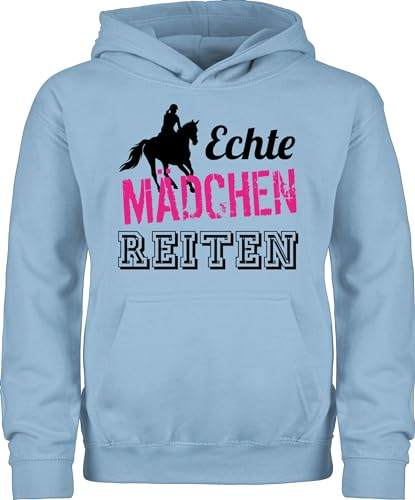 Kinder Hoodie Jungen - Statement Sprüche - Echte Mädchen reiten Fuchsia - 128 (7/8 Jahre) - Hellblau - pferdepulli kapuzenpulli mit spruch spruche pullover hoody sprüchen pulli witzigen spruechen