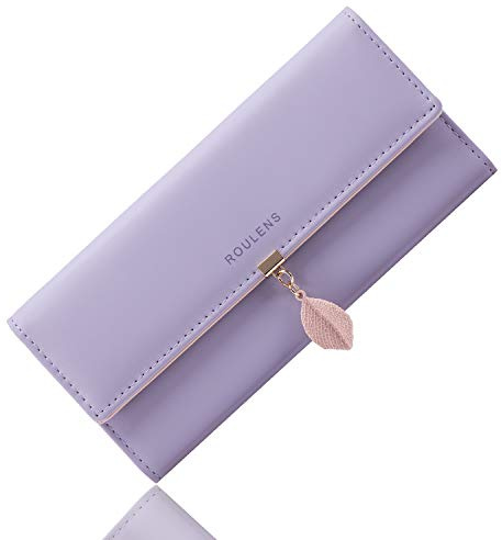 Roulens Portafoglio da donna in pelle sintetica con blocco RFID, portafoglio con bottoni a pressione a forma di foglia