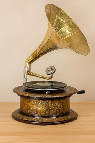 Trichtergrammophon „Villa Gatsby“ – Nostalgisches Grammophon im Stil der 20er aus Holz & Messing, voll funktionsfähig, spielt Schellackplatten mit Handkurbel, inkl. Platte & Nadeln