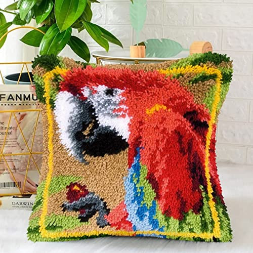 Crimson Macaw Latch Hook Cushion Kit 43x43cm, Complete DIY Cushion Making Craft Kits with Yarn & Canvas and Crochet Needle, Latch Hook Pillow Cover Adult Kids Craft Kits Home Decor
