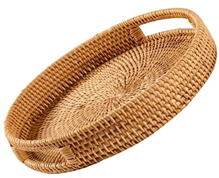 CUCUFA Rattan-Speicher-Tablett, runde Servierfach gewebt Snack-Lagerkorb mit Griffe Rattan-Tisch-Tablett, zum Frühstück, Getränke, Snack für 35cm