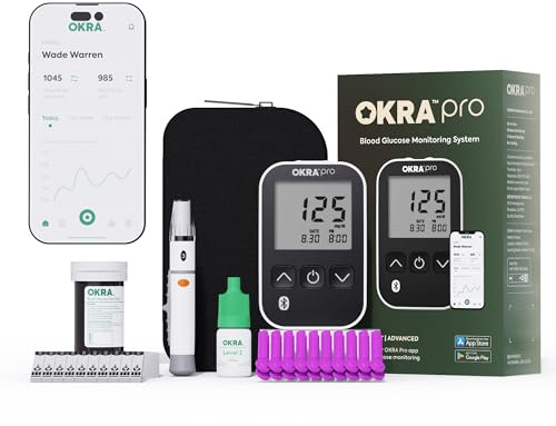 OKRA PRO Blood Glucose Monitor Kit – 5s Fast Blood Sugar Test, Diabetes Testing Kit, Glucose Meter No Coding, 25 Test Strips & Lancets, App Tracking for Home Use