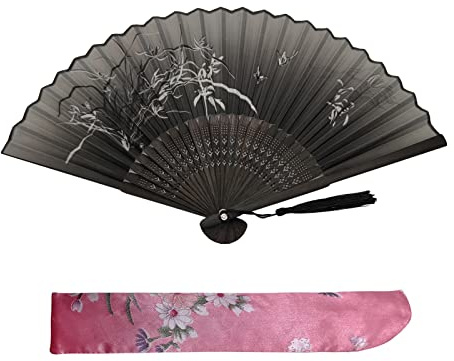 Kibon Faltbare Fächer, Handfächer aus Bambus mit Quaste, 38 x 21 cm, Schwarz, für Geburtstagsgeschenke, Tanzen, Cosplay, Hochzeit, Party, Requisiten-Dekoration