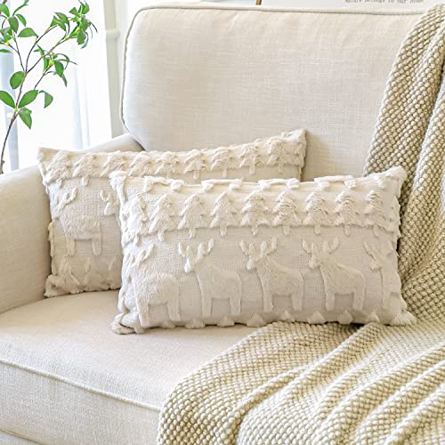 Artscope Set of 2 Xmas Soft Plush Short Wool Velvet Decorative Cushion Covers Square Luxury Style Throw Pillow Covers Pillow Shell for Sofa Bedroom Christmas Tree and Elk Cream Beige, 30x50cm